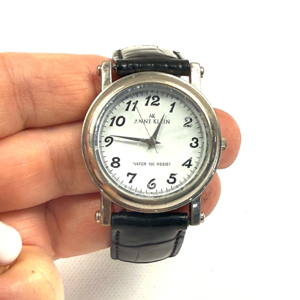 Anne Klein White Round Face Watch. Croc Embossed Black Leather Band.